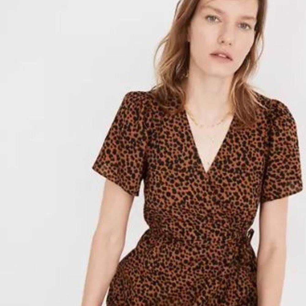 Petite Flutter-Sleeve Wrap Mini Dress in Leopard